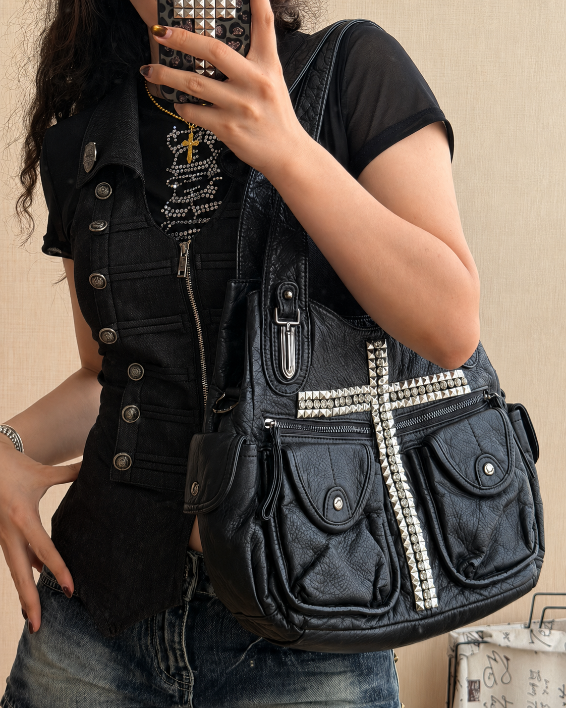 Noir Cross Stud Moto Tote Bag