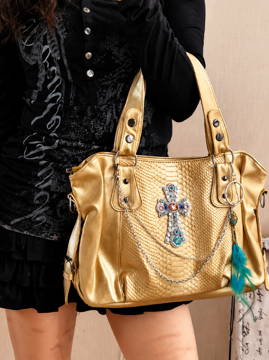 Golden Serpent Feather Moto Tote