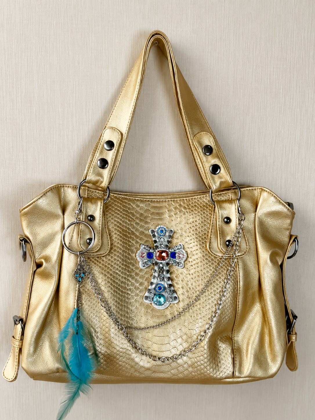 Golden Serpent Feather Moto Tote