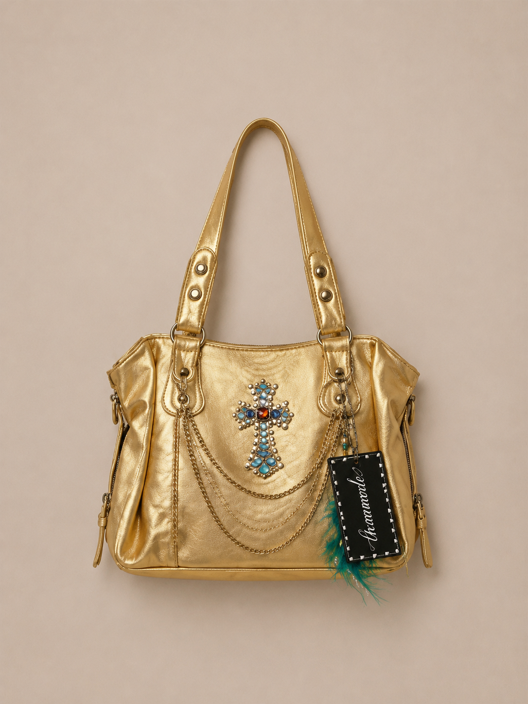 Golden Serpent Feather Moto Tote