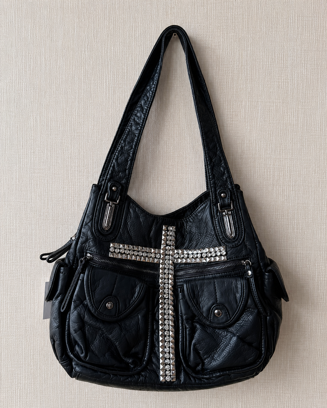 Noir Cross Stud Moto Tote Bag