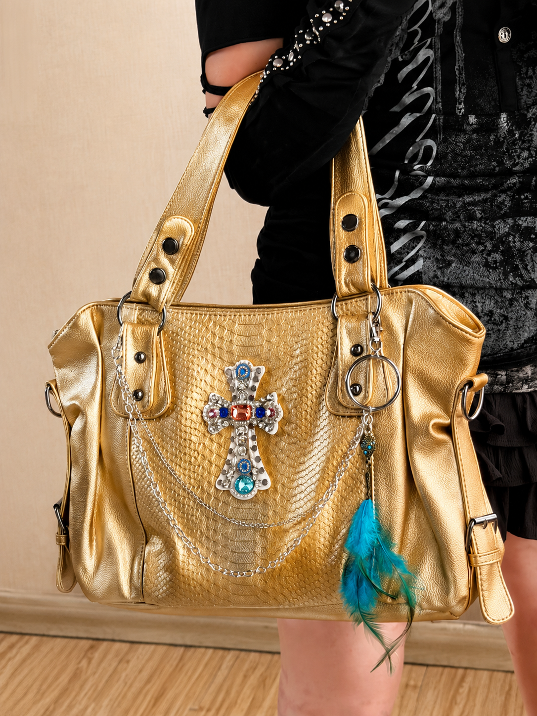 Golden Serpent Feather Moto Tote