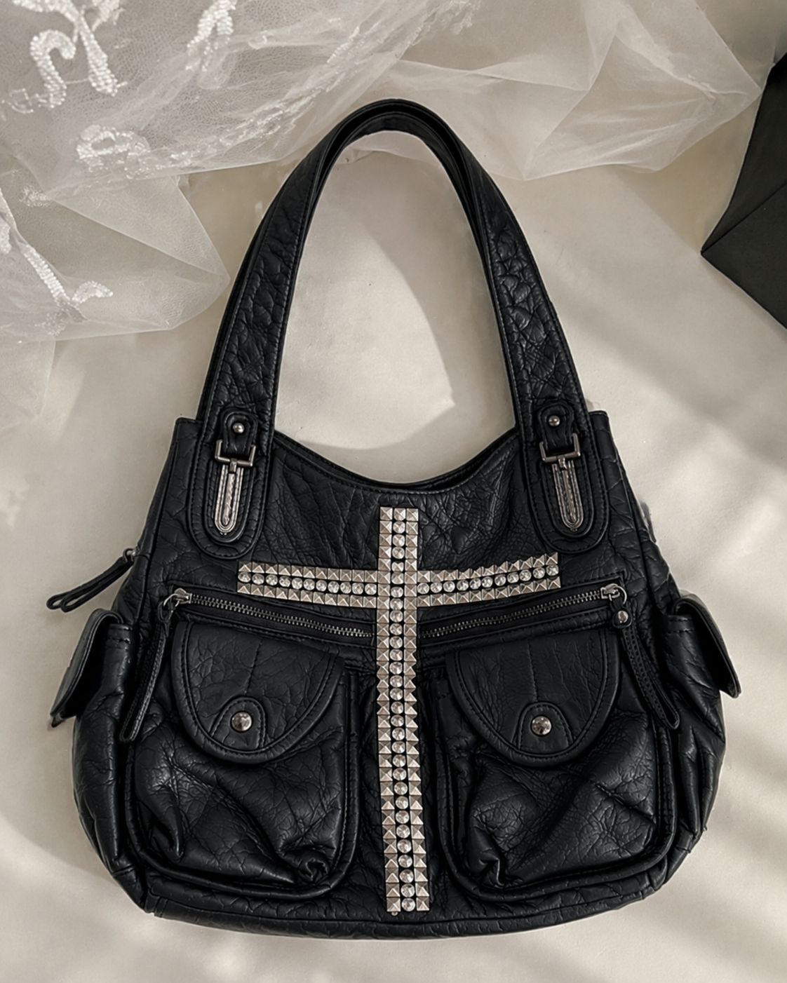 Noir Cross Stud Moto Tote Bag