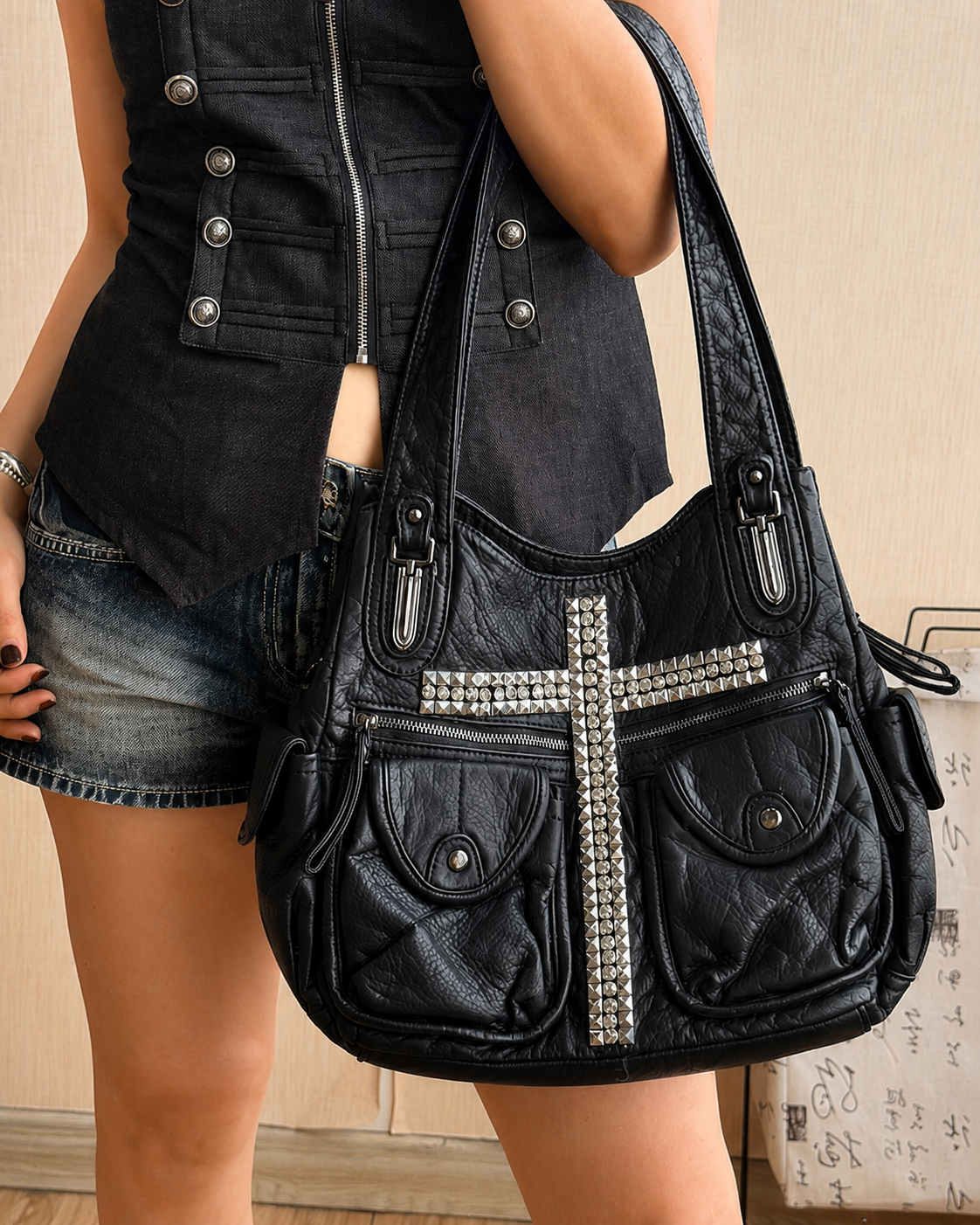 Noir Cross Stud Moto Tote Bag